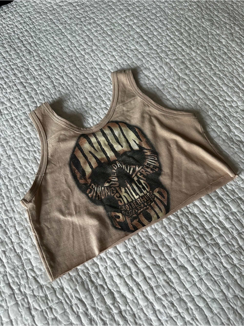 Reworked Vintage Union Local 611 LA Beige Skull Graphic Cropped Tank Top